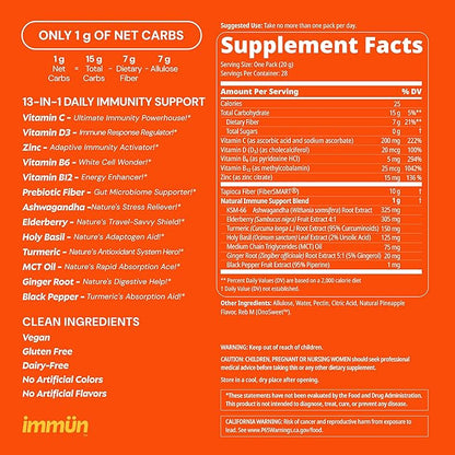 Grüns Immun Sugar Free Immunity Gummies with Vitamin C, Zinc, MCT Oil, & Turmeric - Daily Immune Support Supplement for Adults - Sour Pineapple Flavor (28 Count)