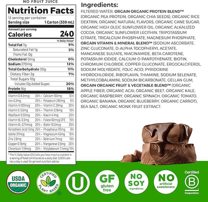 Orgain Organic Nutritional Vegan Protein Shake, Smooth Chocolate - 16g Plant Based Protein, Meal Replacement, 22 Vitamins & Minerals, Fruits & Vegetables, Gluten Free, Non-GMO, 11 Fl Oz (Pack of 12)