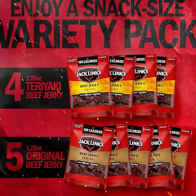 Jack Link's Beef Jerky Variety Pack - Original and Teriyaki - (9 Pack) 1.25 oz Bag - Ready to Eat Protein Snacks - 13g Protein per Serving - Made with 100% Real Beef