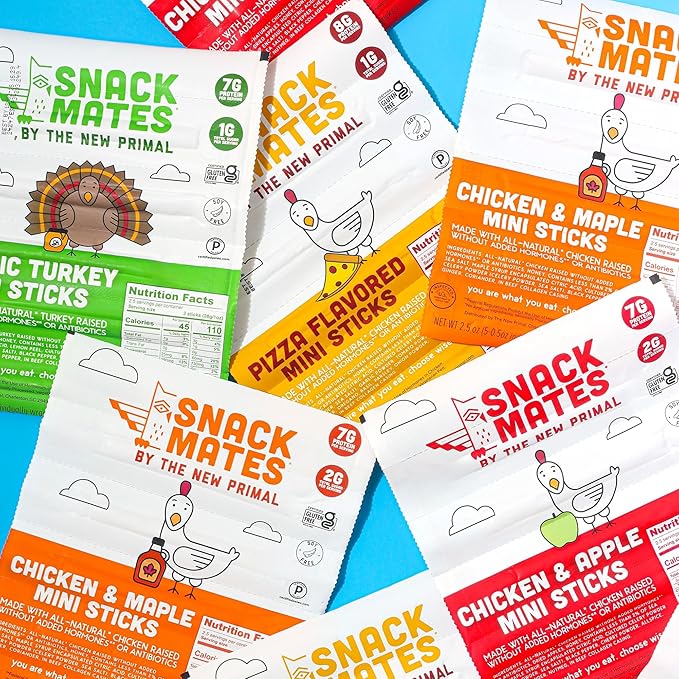 The New Primal Snack Mates Chicken & Maple Sticks, Gluten Free Healthy Snacks for Kids, Low Sugar High Protein Back to School Snacks, Mini Paleo Jerky Meat Stick, 5g Protein, 35 Calories, 0.5 Ounce (Pack of 90)