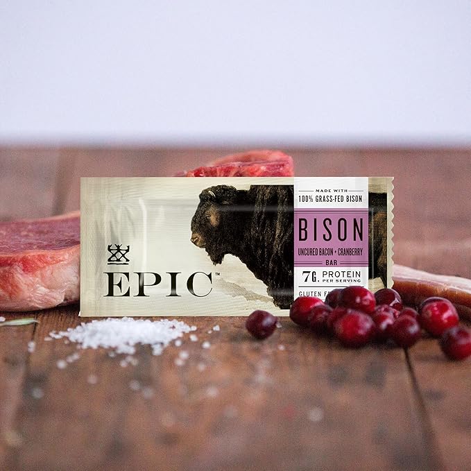 EPIC Bison Uncured Bacon and Cranberry Bars, Grass-Fed, Protein Bar, 12 Ct, 15.6 oz
