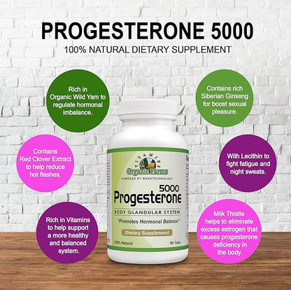 Organic Farm Vitamins Progesterone 5000 - Body glandular System Dietary Supplement, 100% Natural Progesterone Pills - Formula to Balance Hormones - progesterone Supplement, 90 Tablets