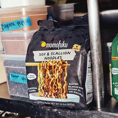 Momofuku Soy and Scallion Ramen Noodles by David Chang, 4 Pack of Restaurant Quality Air-Dried Instant Noodles Now with More Sauce & 10g of Protein