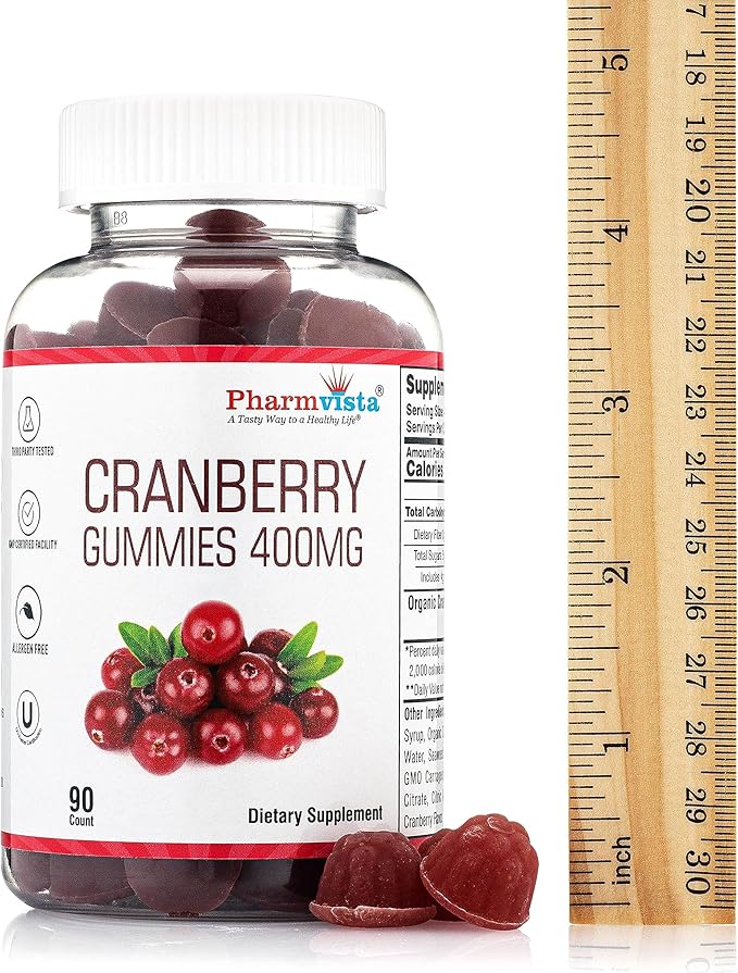 Pharmvista Cranberry Gummies for Kids & Adults 400mg-Gluten Free Allergen Free Nutrient Rich Vegan Supplement -Cranberry Chews-90 Count