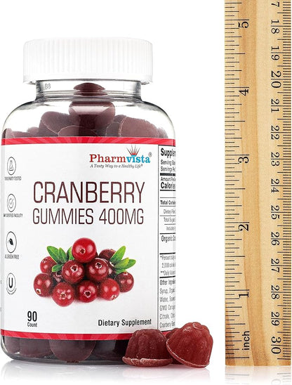 Pharmvista Cranberry Gummies for Kids & Adults 400mg-Gluten Free Allergen Free Nutrient Rich Vegan Supplement -Cranberry Chews-90 Count
