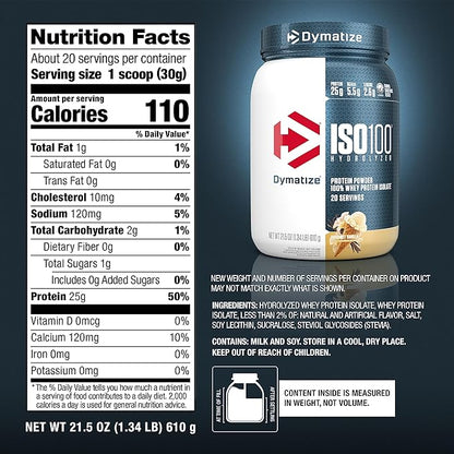 Dymatize ISO100 Whey Protein Powder Isolate, Gourmet Vanilla, 25g of Protein, 5.5g BCAAs, Less Than 120 Cal., Gluten Free, 1g Fat, 1g Sugar, 2g Carb (20 Servings)