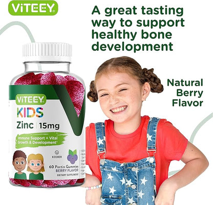 Viteey Zinc for Kids Gummies, 15mg - Immune Support - Powerful Natural Antioxidant, Kids Zinc Vitamin Supplement - Vegan, Gelatin Free, Gluten Free - Tasty Chewable Berry Flavor Gummy