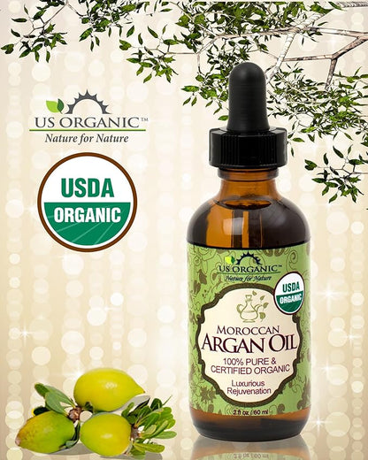 US Organic Moroccan Argan Oil, USDA Certified Organic,100% Pure & Natural, Cold Pressed Virgin, Unrefined, 2 Oz in Amber Glass Bottle, for Hair treatment, Skin, Nail, Cuticle, Sourced from Morocco.