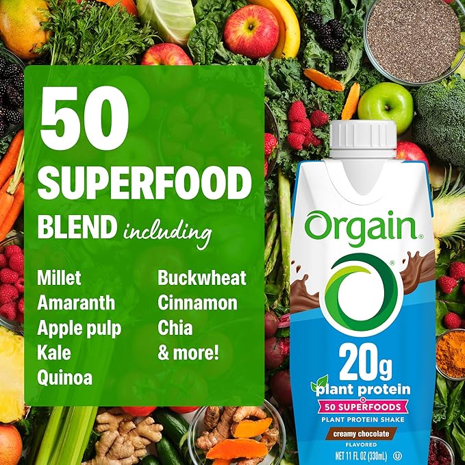 Orgain Vegan Protein Shake, Creamy Chocolate - 20g Plant Protein, Ready to Drink, 50 Superfoods, 0g Sugar, Gluten Free, No Artificial Sweeteners, No Soy or Dairy Ingredients, 11 Fl Oz (Pack of 12)