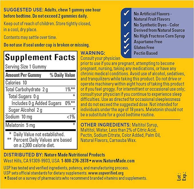 Nature Made Zero Sugar Melatonin 5mg Sleeping Gummies for Adults Extra Strength, 100% Drug Free Sleep Aid, Aspartame Free, 70 Sugar Free Melatonin Gummies, 70 Day Supply