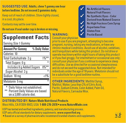 Nature Made Zero Sugar Melatonin 5mg Sleeping Gummies for Adults Extra Strength, 100% Drug Free Sleep Aid, Aspartame Free, 70 Sugar Free Melatonin Gummies, 70 Day Supply