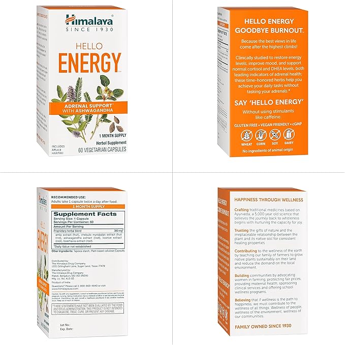 Himalaya Hello Energy Herbal Supplement with Ashwagandha, Amla, Haritaki, Daily Energy Support, Positivity, Metabolism, Caffeine Free, Gluten Free, Non-GMO, Vegan, 60 Capsules, 30 Day Supply