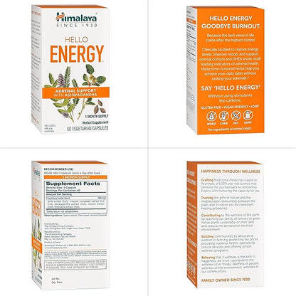 Himalaya Hello Energy Herbal Supplement with Ashwagandha, Amla, Haritaki, Daily Energy Support, Positivity, Metabolism, Caffeine Free, Gluten Free, Non-GMO, Vegan, 60 Capsules, 30 Day Supply