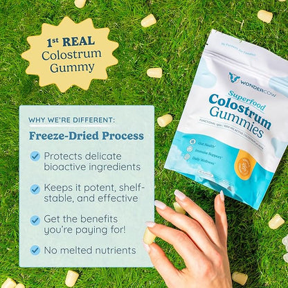 WONDERCOW Colostrum Gummies for Gut Health, Immune Support & Wellness | Natural IgG Whole Bovine Colostrum Supplement, 1,000mg per Serving (90 Gummies (30 Servings), Vanilla Cream)