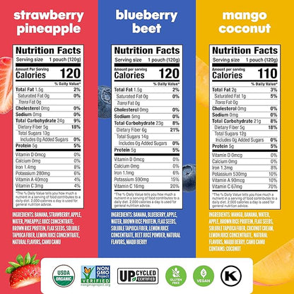 Noka Superfood Fruit Smoothie Pouches Variety Pack, Healthy Snacks with Flax Seed, Plant Protein and Prebiotic Fiber, Vegan and Gluten Free Snacks, Made in USA, Organic Squeeze Pouch, 4.22 oz, 12 Count