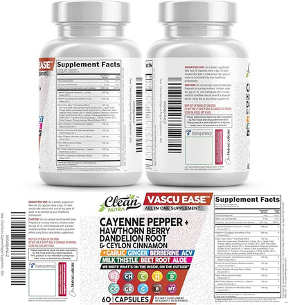Clean Nutra Cayenne Pepper Capsules Supplement with Hawthorn Berry, Dandelion Root, Ceylon Cinnamon, Garlic, Ginger, Berberine, Apple Cider Vinegar, Milk Thistle, Beet Root, Aloe Vera Pills & More