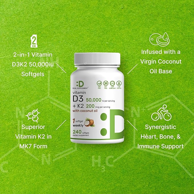 DEAL SUPPLEMENT Vitamin D3 50,000 IU + K2 MK7 200mcg Softgels, 240 Count | 2-in-1 Complex with Virgin Coconut Oil | Supports Heart, Bone, Teeth & Immune Health | Easy to Swallow