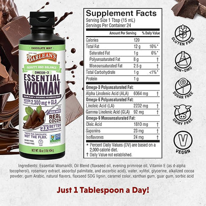 Barlean's Essential Woman Chocolate Mint Liquid Supplement from Flaxseed, Evening Primrose Oil & Soy Isoflavones, Omega 3 6 9 and GLA, Hormonal Balance & Healthy Hair and Skin, 16 oz