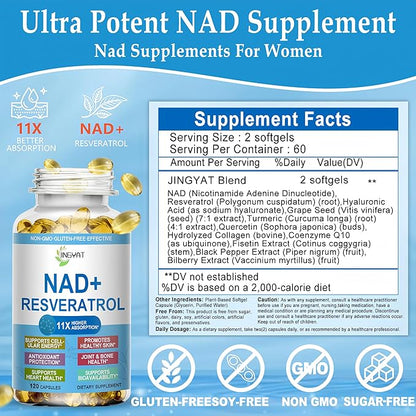 11-in-1 NAD Supplement with Resveratrol, CoQ10, Quercetin, Collagen, Grape Seed for Cellular Energy, Mental Focus & Antioxidant Support - NAD Supplement for Women & Men, 120 Soft Capsules