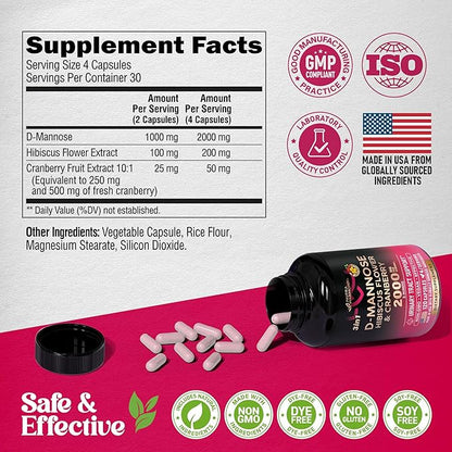 D-Mannose 2000mg with Cranberry & Hibiscus - Clinically Tested Strength for Urinary Tract Health - Supplement for Women - Bladder, Liver & Microflora Support - Made in USA - Vegan, 120 Capsules