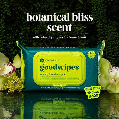 goodwipes Flushable Butt Wipes - Vitamin E & Aloe - Sewer & Septic Safe - Extra Large Adult Wet Wipes For Women & Men - Bathroom Essentials - Botanical Bliss, 418 Count (8 Packs + 1 Travel)