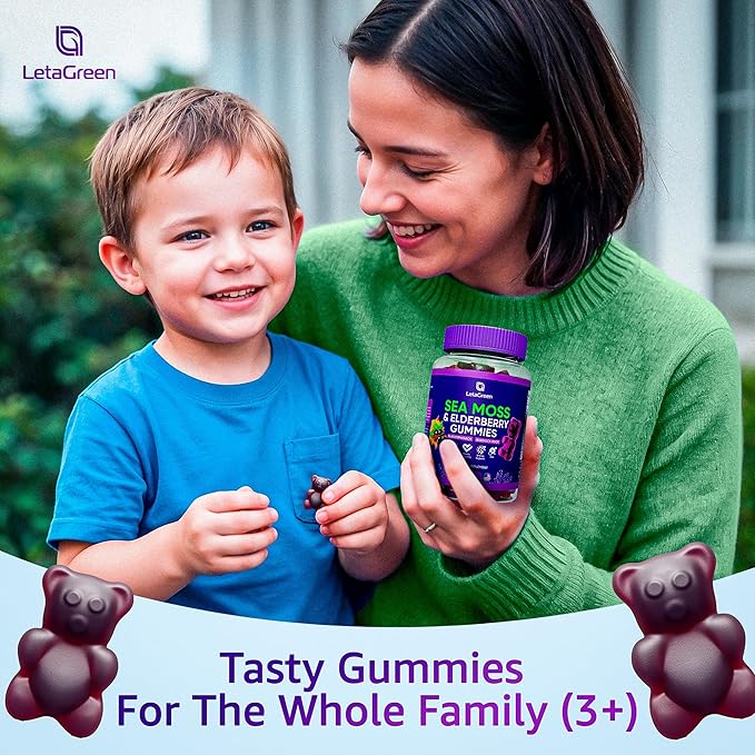 Irish Sea Moss Gummies – Bladderwrack Burdock Root Elderberry Vitamin C & Zinc – 60 Vegan Seamoss Gummy Bears for Adults Kids Men Women – Multimineral Elderberry Vitamins