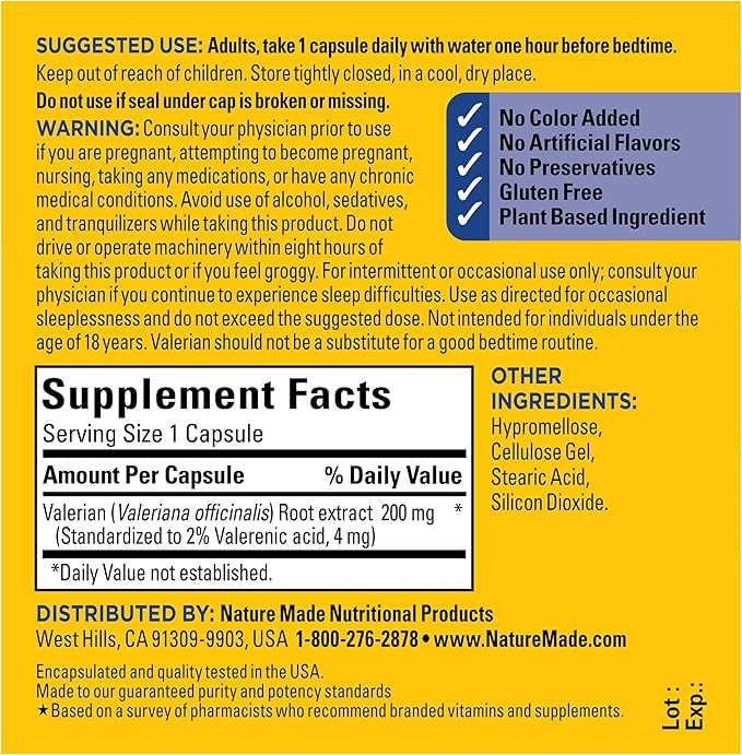 Nature Made Valerian Root for Sleep Support, Melatonin Free Sleep Aid for Adults, 30 Valerian Root Capsules, 30 Day Supply