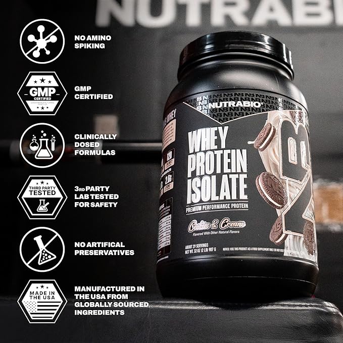 NutraBio 100% Whey Protein Isolate Protein Powder, 25g Protein with Complete Amino Acid Profile, Non-GMO, Soy & Gluten Free, Low Carb, Low Calorie Whey Protein Powder, Cookies & Cream, 2 Lbs