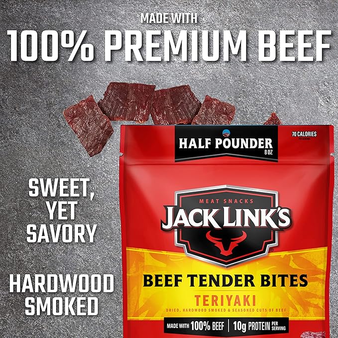Jack Link's Beef Tender Bites, Teriyaki, Half Pounder Bag - Flavorful Meat Protein Snacks for Lunches, 10g of Protein and 70 Calories per Serving, Made with 100% Beef (Pack of 2)