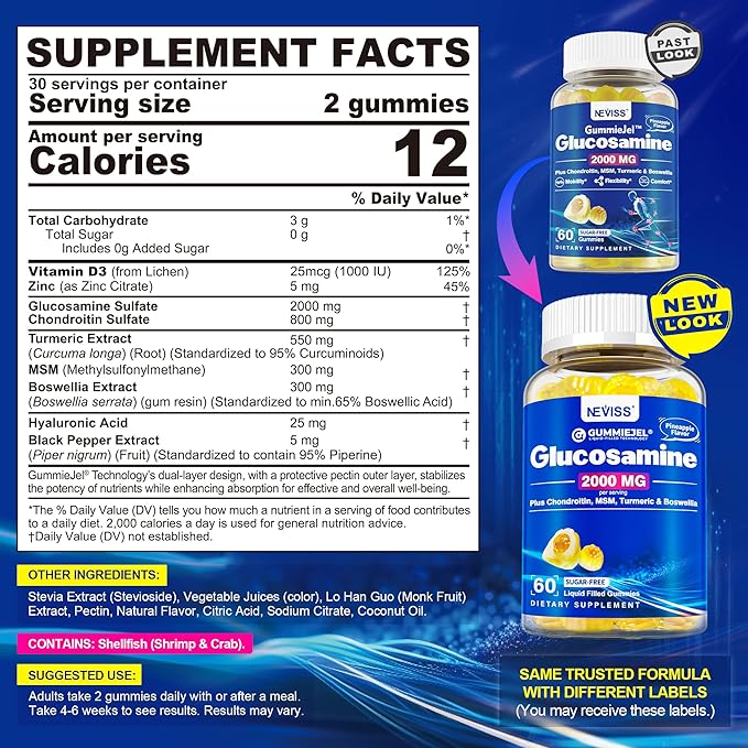 NEVISS Sugar Free Glucosamine Filled Gummies - Glucosamine Supplement Plus Chondroitin, MSM, Turmeric, Boswellia, Hyaluronic Acid, Vitamin D3 & Zinc, 120 Gummies, 60 Servings