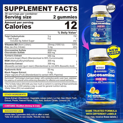 Sugar Free Glucosamine Chondroitin MSM Gummies - Max Strength Mobility Supplement for Women & Men w/ Glucosamine Sulfate 2000mg, Boswellia, Curcumin & Hyaluronic Acid - Flexibility Support - 60Cts