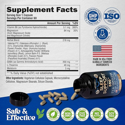 Sleeping Pills for Adults 550mg - Melatonin 3mg | Valerian Root for Sleep | L-Theanine | Magnesium - Natural Sleep Aid Supplement - Non-Habit Forming Rest Support - Made in USA - 1/day, 2 Month Supply