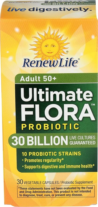 Renew Life Probiotic Adult 50 Plus Probiotic Capsules, Daily Supplement Supports Urinary, Digestive and Immune Health, L. Rhamnosus GG, Dairy, Soy and gluten-free, 30 Billion CFU, 30 Count