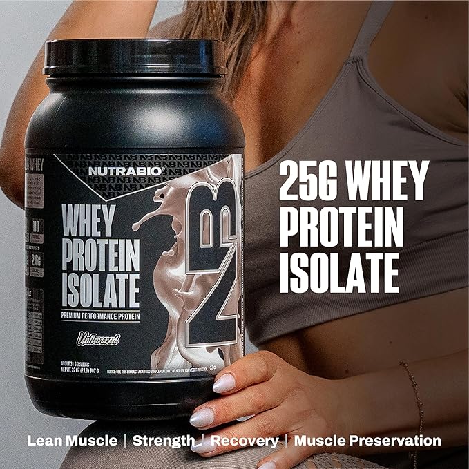 NutraBio 100% Whey Protein Isolate Protein Powder, 25g Protein with Complete Amino Acid Profile, Non-GMO, Soy & Gluten Free, Low Carb, Low Calorie Whey Protein Powder, Raw Unflavored, 2 Lbs