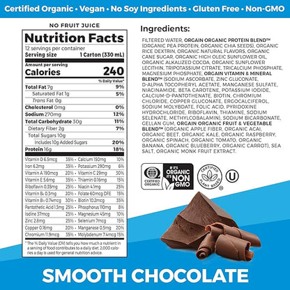 Orgain Organic Nutritional Vegan Protein Shake, Smooth Chocolate - 16g Plant Based Protein, Meal Replacement, 22 Vitamins & Minerals, Fruits & Vegetables, Gluten Free, Non-GMO, 11 Fl Oz (Pack of 24)