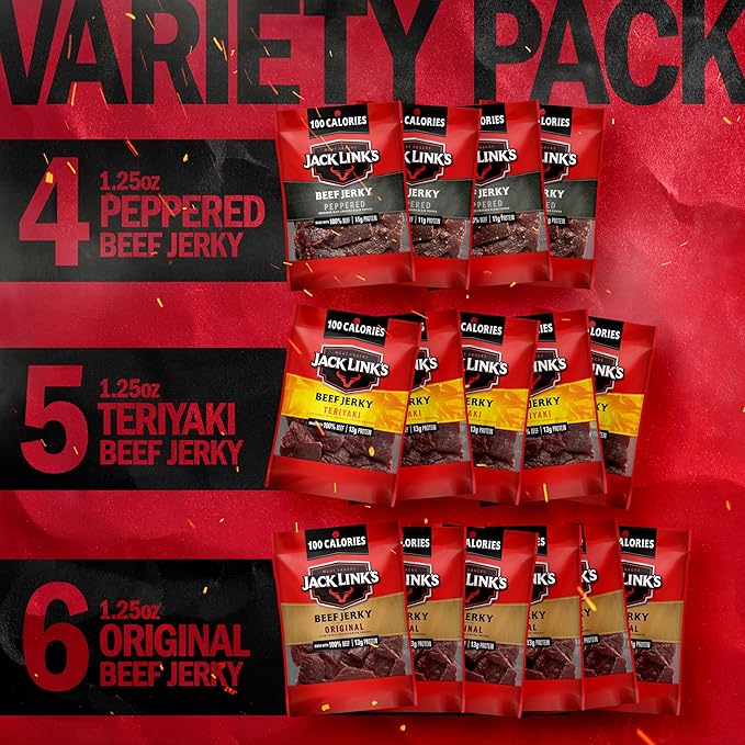Jack Link's Beef Jerky Variety Pack – Includes Original, Teriyaki and Peppered Jerky, Bulk Protein Snack, Good Source of Protein, Meat Snacks Made with 100% Beef – 1.25 Oz, (Pack of 30)