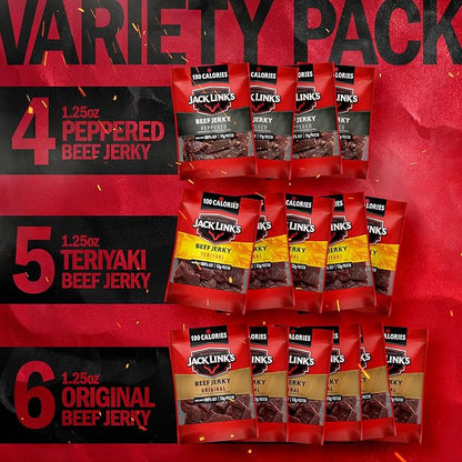 Jack Link's Beef Jerky Variety Pack – Includes Original, Teriyaki and Peppered Jerky, Bulk Protein Snack, Good Source of Protein, Meat Snacks Made with 100% Beef – 1.25 Oz, (Pack of 30)