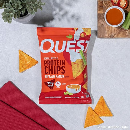 Quest Nutrition Tortilla Style Protein Chips, Buffalo Ranch, 19g of Protein, 4g Net Carbs, Gluten Free Protein Snack, 1.1 Ounce, 4 count