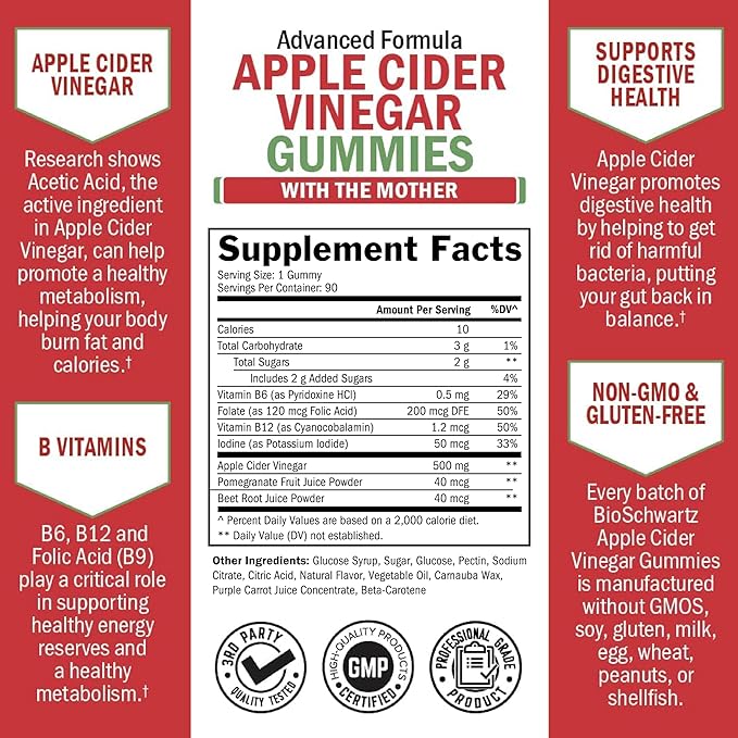 Apple Cider Vinegar Gummies for Weight Loss - ACV Gummies with The Mother for Women & Men - Energy Boost Bloat Digestive & Immune Support - Vitamin B12 B6 B 9 Folic Acid - Vegan Detox Cleanse -90Ct