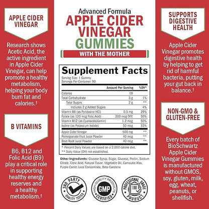Apple Cider Vinegar Gummies for Weight Loss - ACV Gummies with The Mother for Women & Men - Energy Boost Bloat Digestive & Immune Support - Vitamin B12 B6 B 9 Folic Acid - Vegan Detox Cleanse -90Ct
