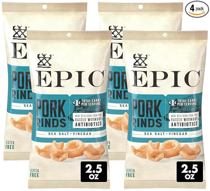 EPIC Sea Salt and Vinegar Pork Rinds, Keto Friendly, Protein Snacks, 2.5 oz (Pack of 4)