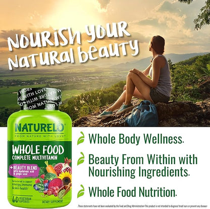 NATURELO Whole Food Multivitamin with Extra Hair, Skin & Nails Support - Beauty Blend with Hyaluronic Acid & Grape Seed - High Potency Biotin, Vitamin C, & Glutathione, 60 Vegan Capsules (Pack of 2)