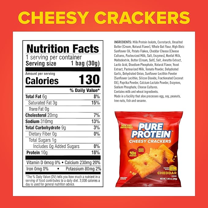 Pure Protein Cheesy Crackers,Cheddar,High Protein Snack,10G-Protein,1.06 Oz,(Pack of 24)