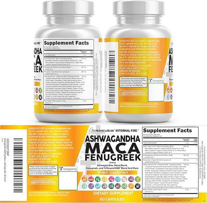Clean Nutraceuticals Ashwagandha Maca Root Fenugreek Supplement with Tongkat Ali Ginseng - Assists with Stress, Mood & Thyroid - Ashwagandha Capsules Fenugreek Caps - 1 Pack