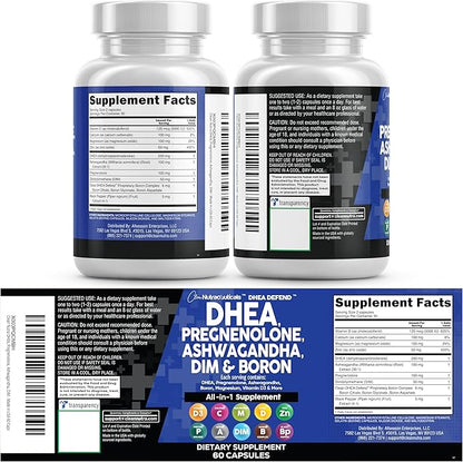 DHEA 200mg Supplement Pregnenolone 100mg for Men & Women with DIM Ashwagandha Boron 6mg Complex Calcium Magnesium Zinc 50mg Vitamin D3 5000 IU Hormone Support Capsules Pills Made in USA 60 Count