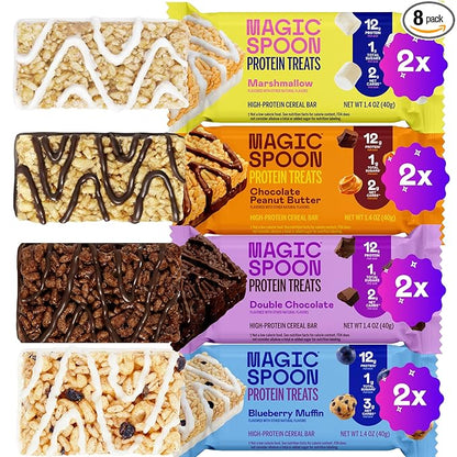 Magic Spoon Treats - 8 High Protein Bars: 2 Marshmallow, 2 Chocolate Peanut Butter, 2 Blueberry Muffin, 2 Double Chocolate - High Protein Gluten Free Snack - Sugar Free Protein Cereal Bar
