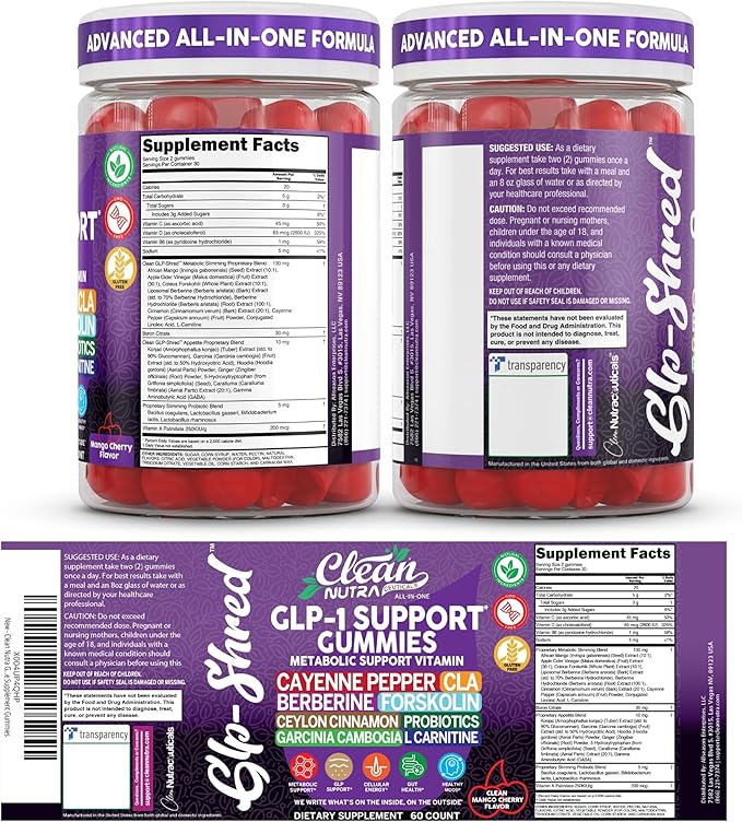 Clean Nutra Gummies with Cayenne Pepper, CLA, Berberine, Forskolin, Ceylon Cinnamon, Probiotics, Garcinia Cambogia & L-Carnitine | Mango Cherry Flavor | 60 Count Chewable Supplement Gummies