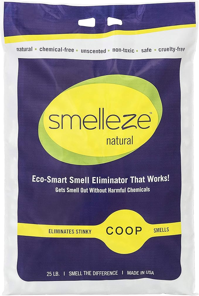SMELLEZE Natural Chicken Coop Odor Eliminator Granules, Sprinkle in Chicken Coop, Bedding, Run, Pen, Nest & Yard - Unscented, Flock Safe Chicken Coop Deodorizer - 25 lbs.
