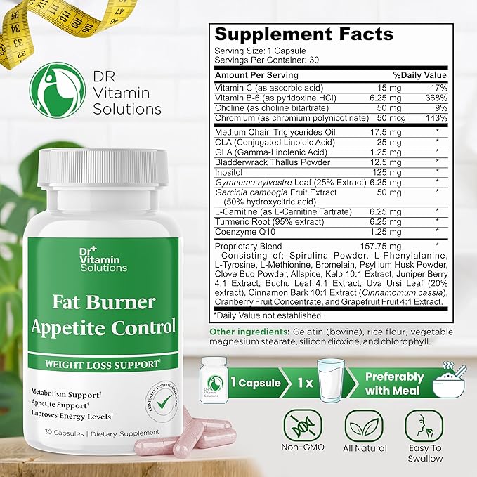 Fat Burner & Appetite Control Weight Loss Supplements for Women & Men - Metabolism Booster w/ L-Carnitine, CLA, Chromium - Appetite Suppressant for Weight Loss - 30 Capsules