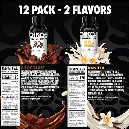 Oikos Protein Shake, Exclusive Variety Pack, 30g High Protein Drinks, Shelf Stable, Ready to Drink, 5g Prebiotic Fiber, 12 fl oz Bottle (8 ct Vanilla, 4 ct Chocolate